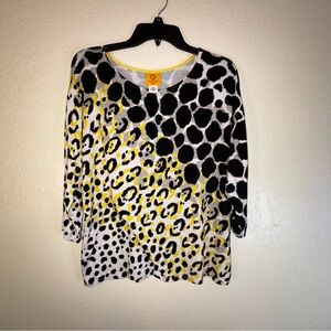Ruby Rd Womens Yellow Black Grey Rayon Short Sleeve Shirt Petite Medium